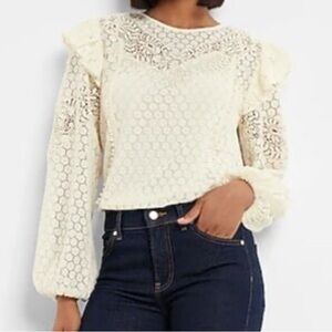 NWT Express Blouse Cream Color Boho Eyelet Lined SZ XL Long Sleeve Cute